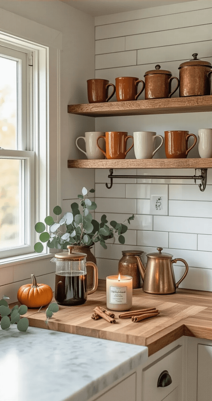 Cozy Fall Indoor Decorating: Transform Your Home with Warmth and Style Intimate kitchen corner bathed in morning light, featuring rustic wooden shelves with autumn-colored ceramic mugs, vintage copper canisters, and a marble countertop with a brass French press and scattered cinnamon sticks. Dried eucalyptus hangs above, with warm subway tiles and an oak butcher block island enhancing the cozy breakfast nook atmosphere, illuminated by a softly glowing pumpkin-scented candle.