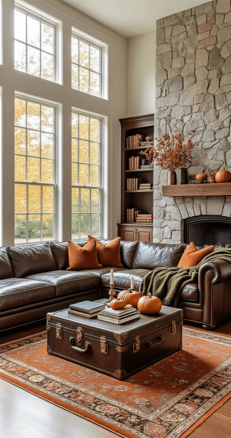 Cozy Fall Indoor Decorating: Transform Your Home with Warmth and Style A spacious family room featuring a chocolate leather sectional with wool throws, a vintage trunk coffee table adorned with autumn books and pumpkins, and a stone fireplace mantel decorated with dried branches and candles, all bathed in warm afternoon light.