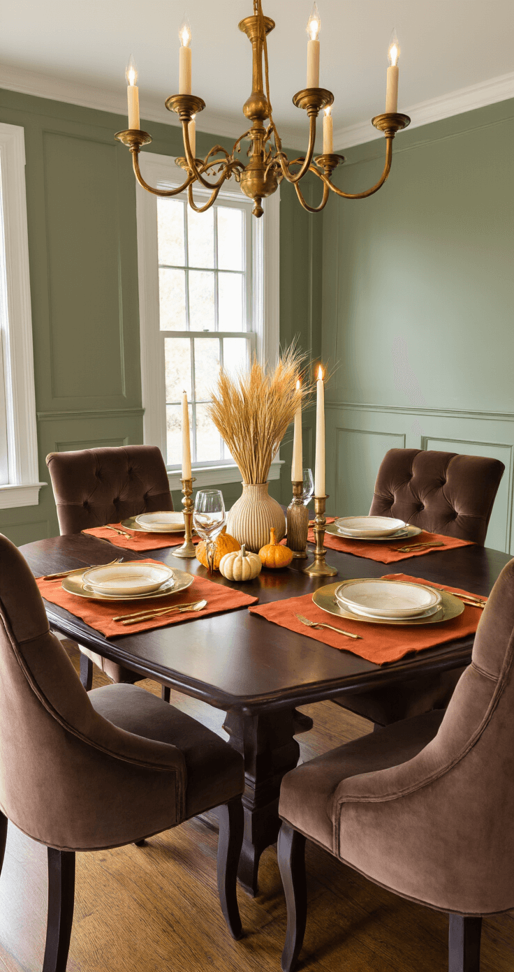 Cozy Fall Indoor Decorating: Transform Your Home with Warmth and Style Elegant dining room with dark walnut table, burnt orange linen placemats, brass chargers, and a centerpiece of candles and dried wheat, surrounded by chocolate velvet chairs. A vintage brass chandelier casts warm light over sage green wainscoting and hardwood floors, creating an inviting autumn dinner party atmosphere.