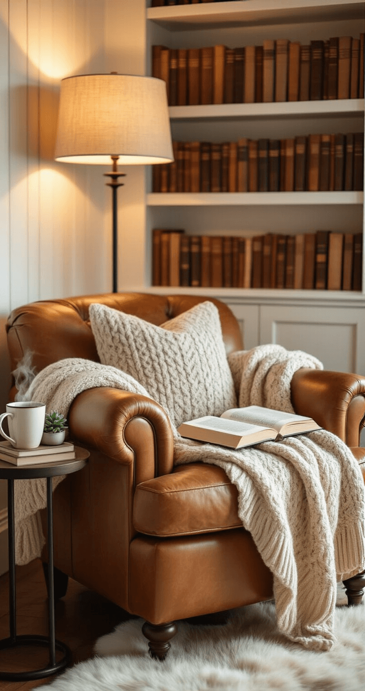 Cozy Fall Indoor Decorating: Transform Your Home with Warmth and Style A cozy reading nook featuring a caramel leather armchair with a cream cable knit throw, a steaming mug and open book on a round side table, a warm lamp, and a backdrop of autumn-colored books on built-in shelves, all complemented by a sheepskin rug and warm white shiplap walls.