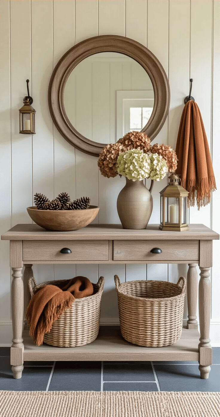Cozy Fall Indoor Decorating: Transform Your Home with Warmth and Style Welcoming foyer with rustic console table displaying wooden bowls, brass lanterns, and dried hydrangeas; round mirror above and scarves on hook rack, featuring slate tile flooring and cream beadboard wainscoting.