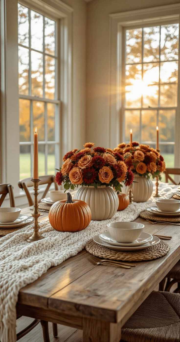 Photorealistic dining room featuring a 12-foot farmhouse table adorned with a chunky cream knit runner, beneath warm golden hour sunlight. Large pumpkin vases filled with rust-colored mums and orange roses serve as focal points, complemented by woven rattan placemats and ivory ceramic dinnerware, with varying heights of brass candlesticks holding pillar candles. The color palette includes rich burnt orange, deep burgundy, and sage green, captured from a medium height at a slight angle with a shallow depth of field.
