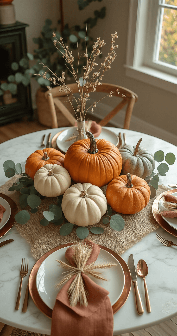Intimate dining nook with a round pedestal table set for four, featuring a centerpiece of heirloom pumpkins in cream, orange, and sage, softly lit by afternoon light. The textured burlap runner contrasts with a smooth marble tabletop, adorned with warm terracotta linen napkins tied with twine and dried wheat. Copper charger plates reflect ambient lighting alongside cascading eucalyptus branches. The overall warm golden tones and burgundy accents create a cozy atmosphere, captured from an overhead 45-degree angle.