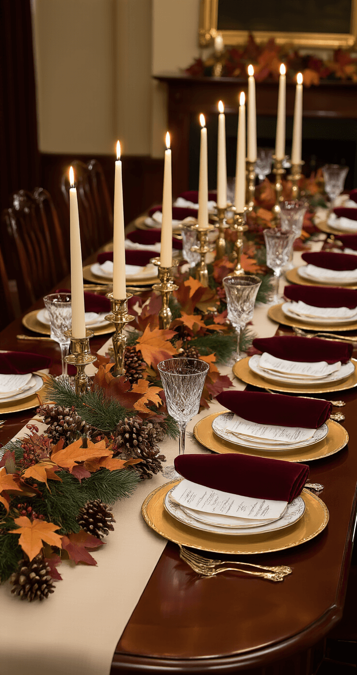 Elegant formal dining room featuring a rich mahogany table adorned with a sophisticated fall garland, metallic gold chargers, deep burgundy velvet napkins, and tall brass candelabras, all illuminated by warm candlelight in a dramatic setting.