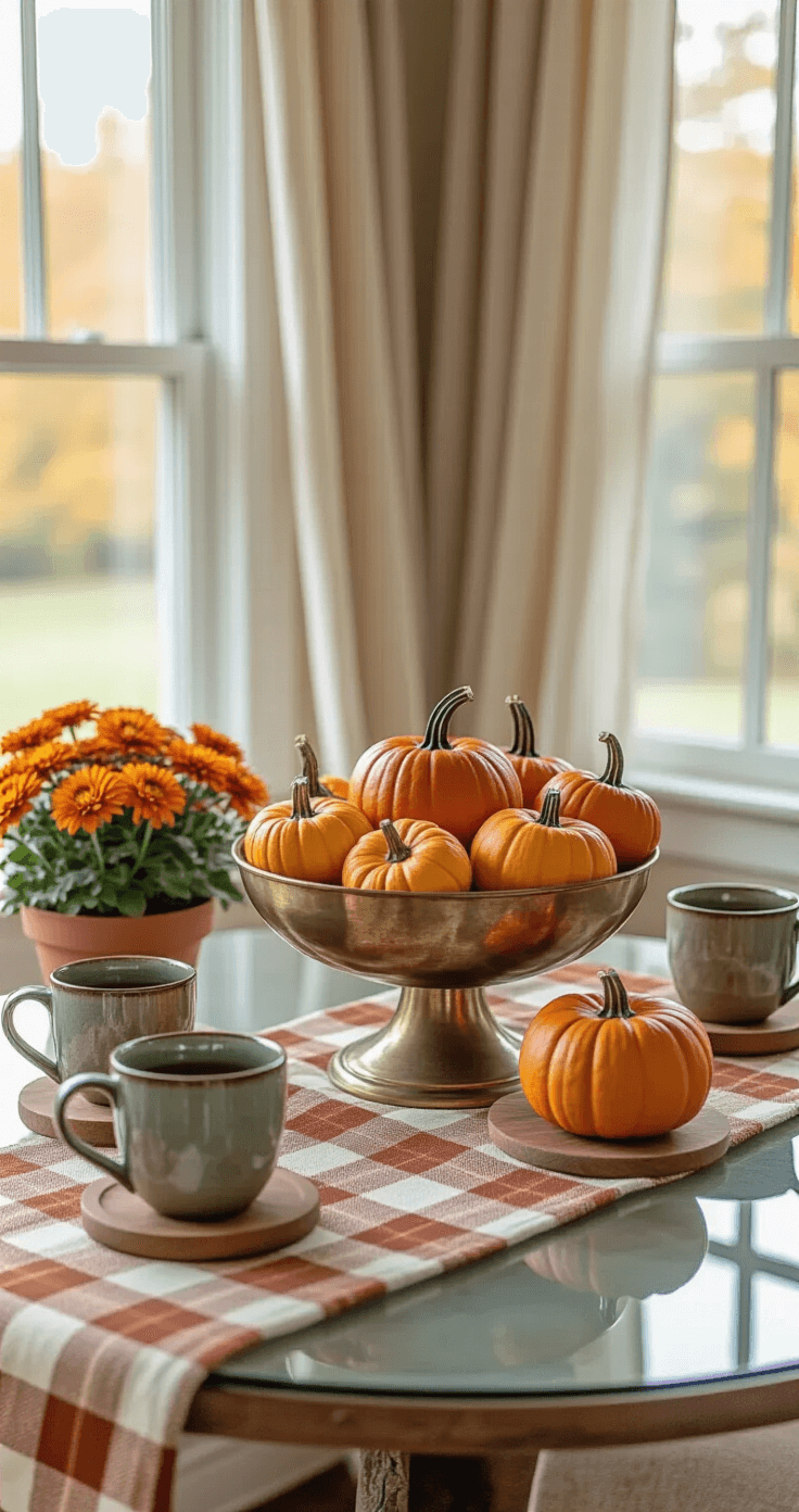 Cozy breakfast nook featuring a round glass table with a plaid flannel runner, adorned with a vintage brass compote bowl filled with mini pumpkins and persimmons, ceramic mugs on wooden coasters, and small potted mums, all illuminated by soft morning light.