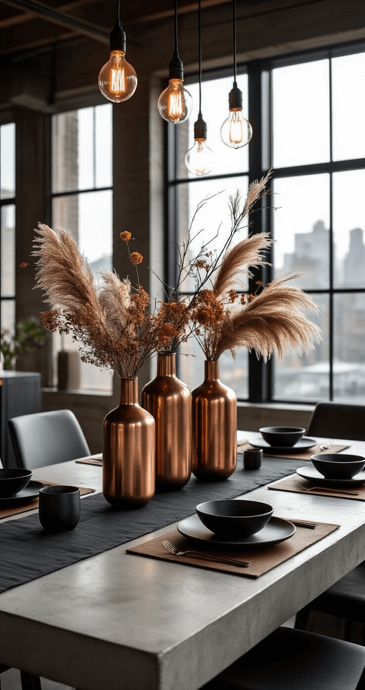 Spacious open-concept dining area featuring an industrial concrete table, dramatic backlighting, and modern geometric copper vessels with preserved branches and pampas grass, complemented by a charcoal linen runner, black stoneware dishes on leather placemats, and an Edison bulb chandelier, all set in a monochromatic palette of charcoal, copper, and warm browns, conveying a contemporary urban loft atmosphere.