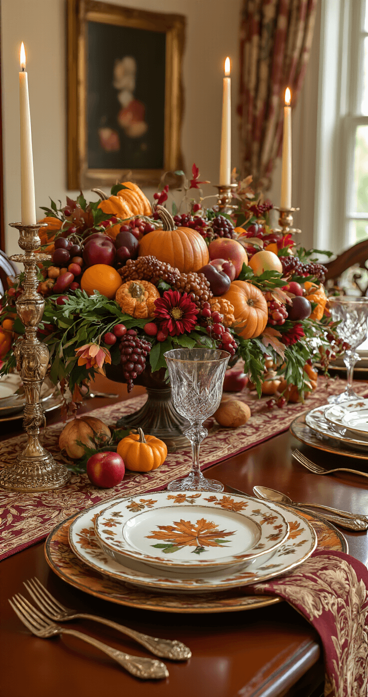 Traditional dining room with an antique cherry table set for Thanksgiving, featuring a cornucopia centerpiece filled with seasonal fruits, vegetables, and flowers. The rich paisley table runner in burgundy and gold complements fine china with autumn leaf patterns on charger plates. Cut crystal stemware reflects candlelight, surrounded by decorative fruit and nut accents in deep red, gold, and forest green, all under warm tungsten lighting.