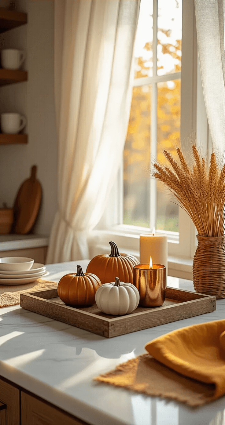 Photorealistic kitchen counter adorned with a rustic wood tray holding ceramic pumpkins, copper candle holders, and a wicker basket of dried wheat. Warm autumn light filters through sheer curtains onto white marble surfaces, complemented by mustard yellow dish towels, creating a cozy and inviting atmosphere.