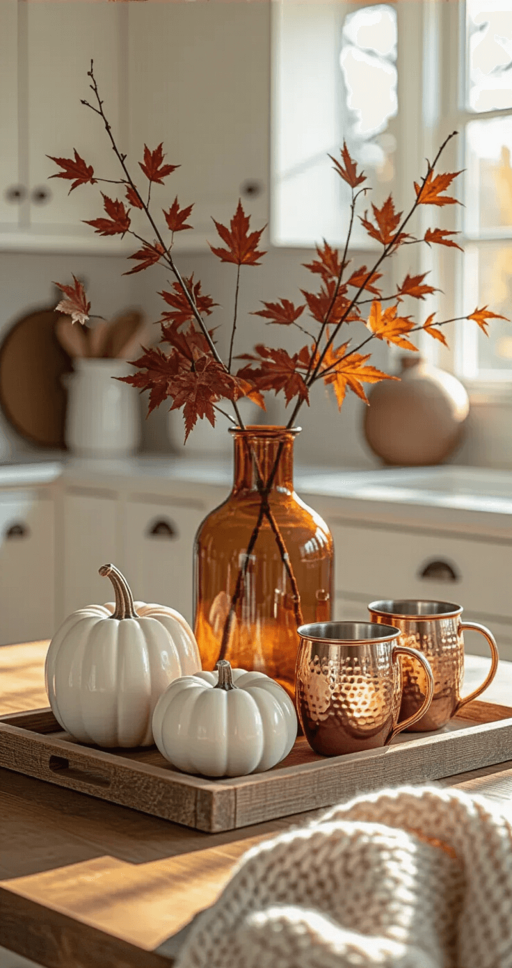 Intimate close-up of a kitchen island corner featuring a reclaimed barn wood tray with a curated autumn display of mini white ceramic pumpkins, an amber glass vase with burgundy maple branches, copper Moscow mule mugs, and a chunky oatmeal knit throw. The scene is bathed in soft morning light, emphasizing warm whites, copper metallics, and deep burgundy tones against rough wood and soft textiles.