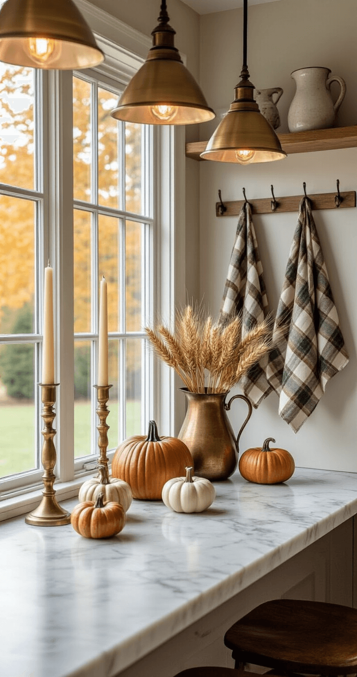 A cozy breakfast nook with a narrow marble counter adorned with brass candlesticks and cream tapers, small ceramic pumpkins, and a vintage copper pitcher filled with dried wheat, styled for fall under warm pendant lighting. Plaid fall dish towels hang from hooks, featuring a mix of materials in a palette of cream, brass, burnt sienna, and deep forest green. The image is captured from a seated perspective, highlighting the intimate atmosphere.