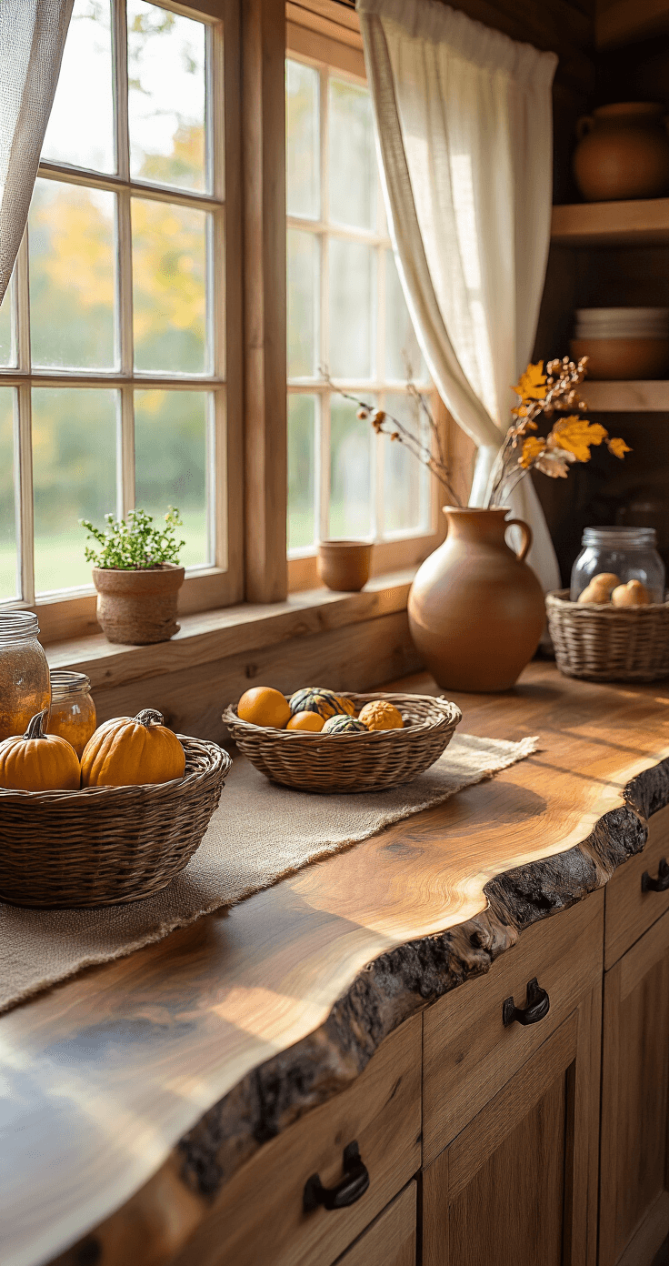 A rustic kitchen counter made from a live-edge walnut slab, bathed in morning light. The asymmetrical design showcases natural wood grain, complemented by hand-thrown pottery in earth tones, twig baskets with colorful gourds, and mason jars filled with autumn leaves. A burlap runner adds texture, creating a cozy atmosphere with rich browns, terra cotta, deep greens, and golden yellows, all captured in a low angle shot.