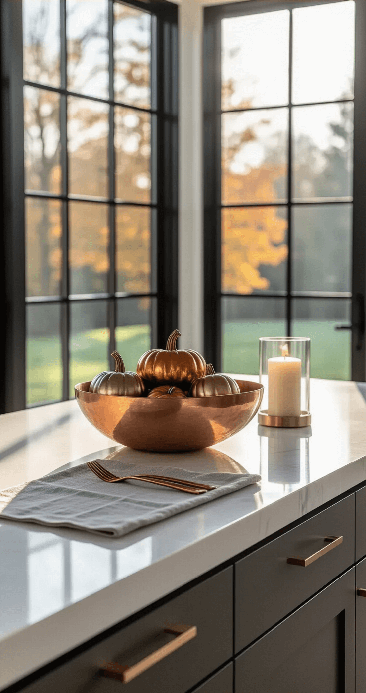 Contemporary kitchen peninsula featuring sleek quartz countertops, a large copper bowl with metallic pumpkins, and minimalist decor, illuminated by late afternoon light through floor-to-ceiling windows, highlighting a sophisticated palette of warm grays, copper, and cream.