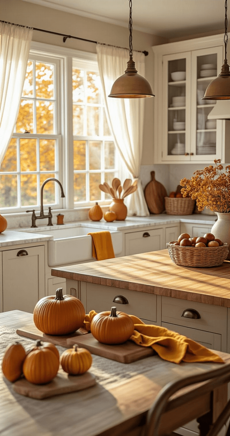 Photorealistic autumn kitchen with warm golden hour lighting, featuring white shaker cabinets, a butcher block island, and burnt orange and deep burgundy decor, including ceramic pumpkins and dried hydrangeas in mason jars, creating a cozy atmosphere.