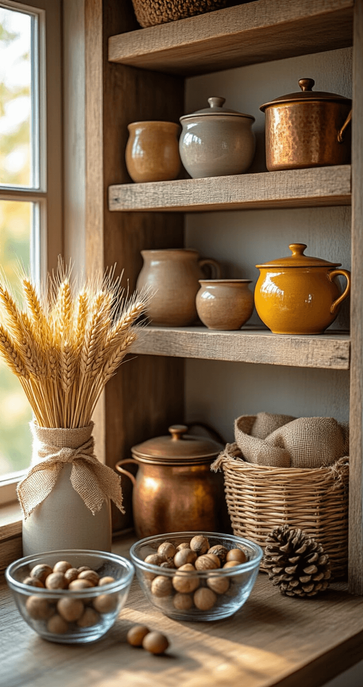 Intimate kitchen corner vignette in afternoon sunlight featuring reclaimed wood shelving with autumn ceramics and vintage copper pots, adorned with natural fall elements like acorns, wheat bundles, and pinecones, showcasing a warm color palette and contrasting textures.