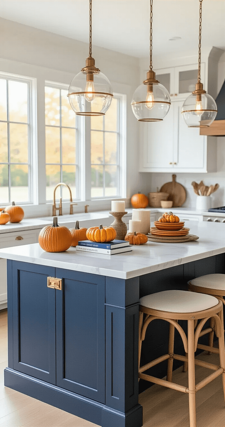 Modern farmhouse kitchen island featuring a white marble waterfall countertop and navy blue base cabinets, adorned with functional autumn decor including pumpkin spice candles, stacked autumn-themed cookbooks with decorative gourds, and terracotta ceramic platters, all under warm pendant lighting, complemented by natural wood bar stools with linen cushions.