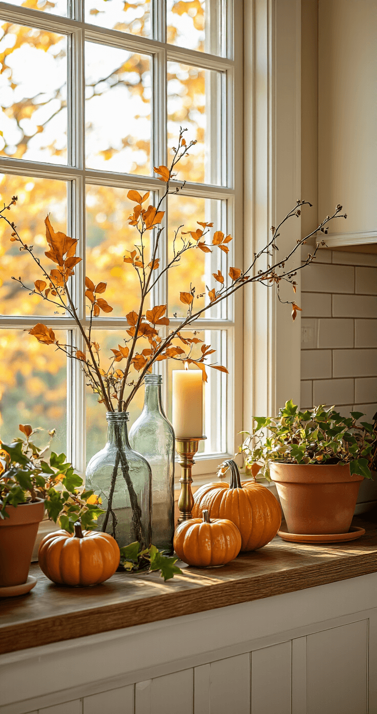 Close-up of a kitchen window sill adorned with vintage glass bottles, small ceramic pumpkins, and brass candlesticks, framed by double-hung windows showcasing golden autumn foliage, with warm sunlight backlighting the arrangement for a nostalgic autumn atmosphere.