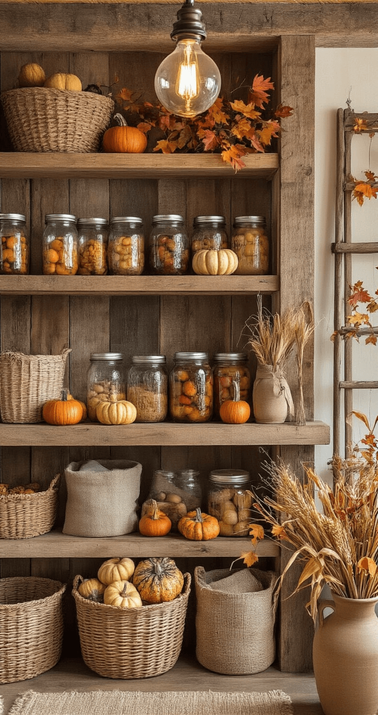 A rustic kitchen pantry featuring floor-to-ceiling reclaimed barnwood shelving filled with mason jars of preserves and dried goods, adorned with woven baskets of gourds and dried corn husks, and tall ceramic crocks of fall leaves, all in warm amber, rust, and cream tones, illuminated by a pendant Edison bulb, with a wooden ladder for accessing high shelves.