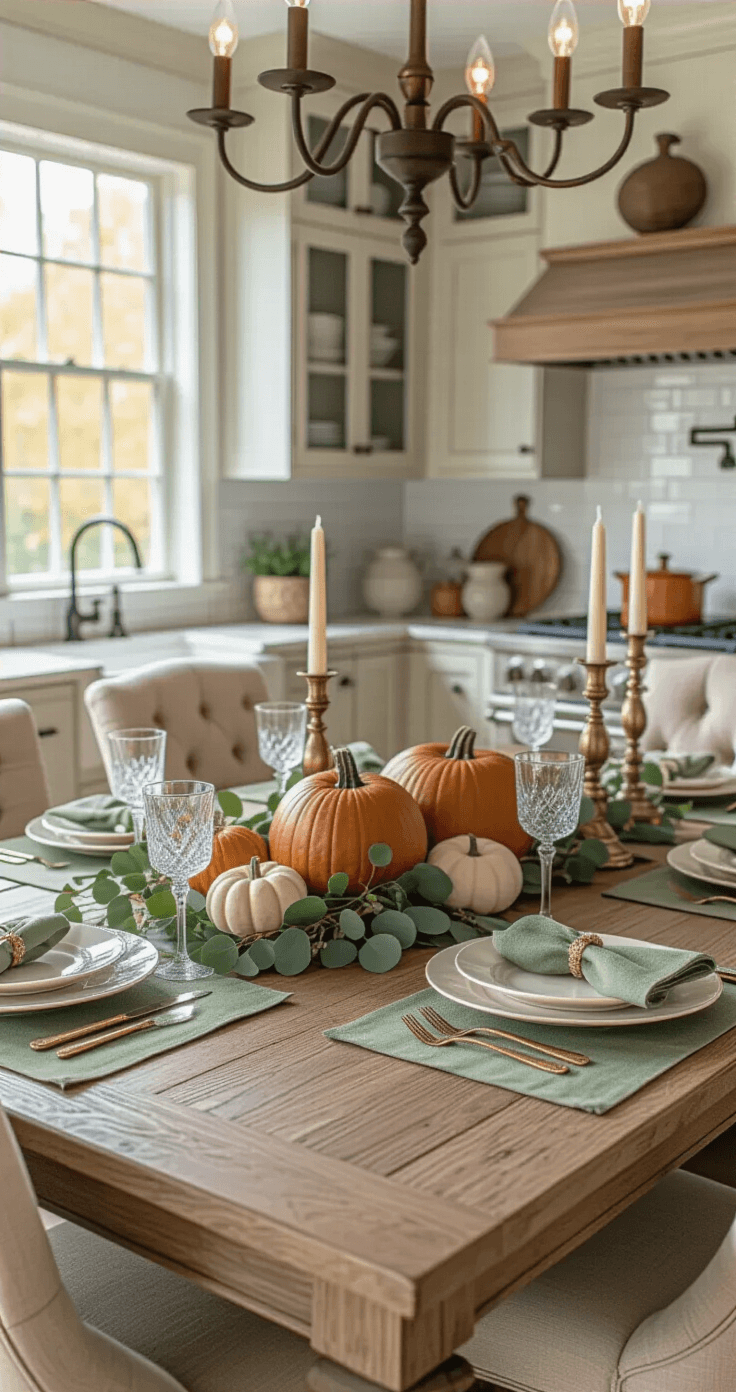 Elegant fall dining area featuring upholstered chairs around a weathered oak table, adorned with a sophisticated autumn tablescape, including brass candlesticks, sage green linen placemats, and ceramic charger plates. A centerpiece of mixed pumpkins and gourds with an eucalyptus garland complements the crystal glasses illuminated by a wrought iron chandelier. The background displays a kitchen island with matching fall decor and a subway tile backsplash.