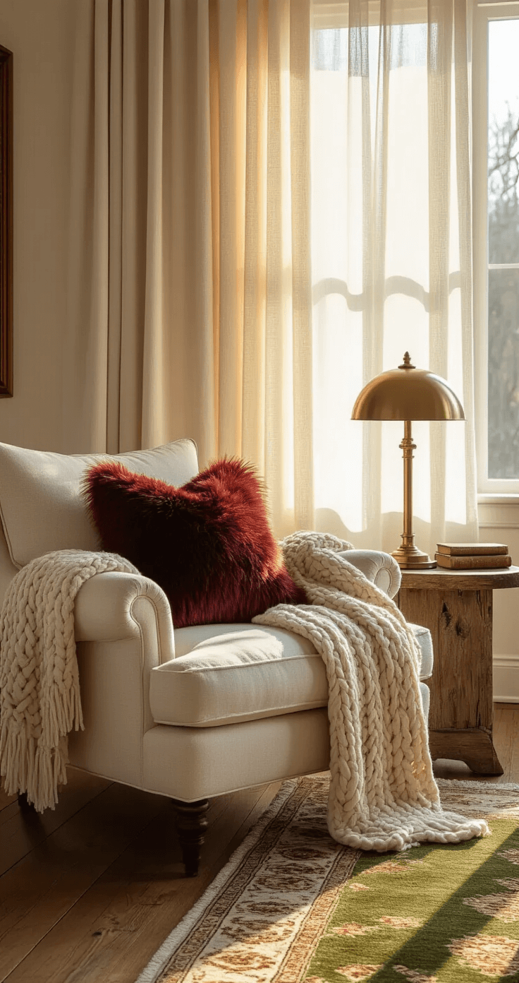 Photorealistic living room interior featuring a cozy reading nook with an oversized cream armchair draped in a chunky rust orange throw and a burgundy faux fur pillow, illuminated by golden hour sunlight filtering through sheer curtains. A reclaimed wood side table with a vintage brass lamp casts a warm amber glow over distressed hardwood floors adorned with an olive green Persian rug.