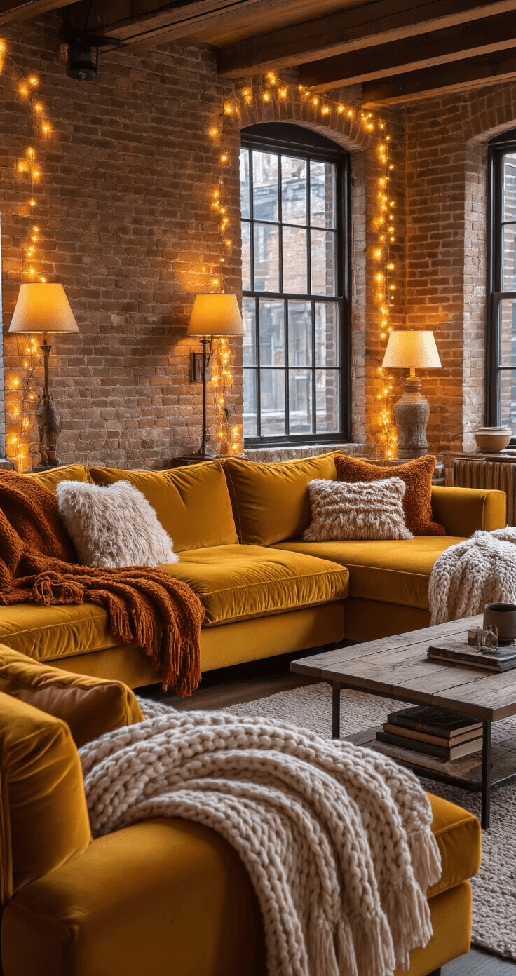 Cozy living room with a mustard yellow velvet sectional sofa, layered with rust and cream wool blankets, illuminated by warm evening light and vintage lamps, featuring string lights on a brick wall and chunky knit throws.