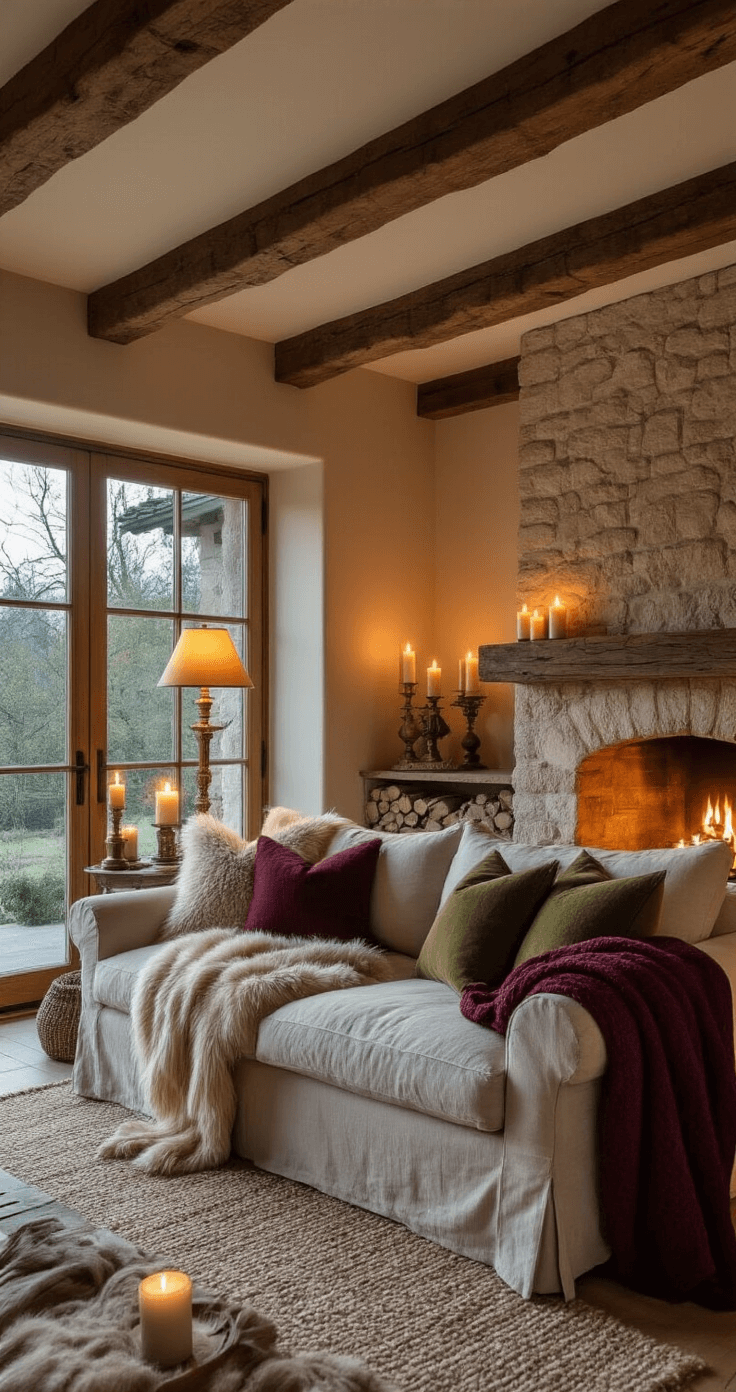 Intimate living space at twilight with ambient candlelight and vintage brass lamps, featuring a natural linen sofa adorned with faux fur pillows and chunky knit throws in olive green and burgundy, exposed wooden beams, and a stone fireplace, evoking a warm, inviting atmosphere with rich autumnal shadows.