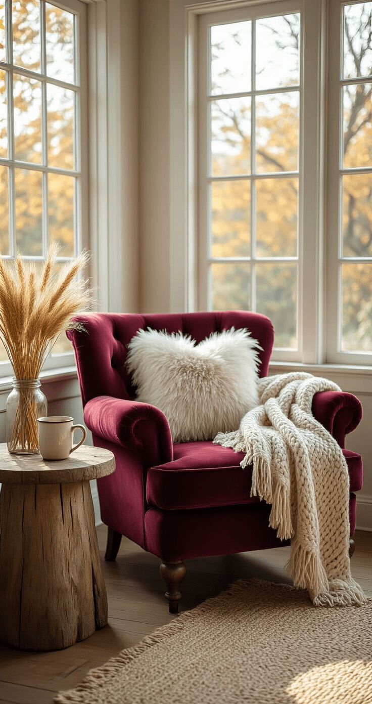 Cozy reading corner with a burgundy velvet armchair, chunky knit throw, and faux fur pillow, illuminated by warm afternoon light from tall windows, featuring a rustic wood side table with a vintage mug and wheat in a mason jar, set on hardwood floors with a woven jute rug.
