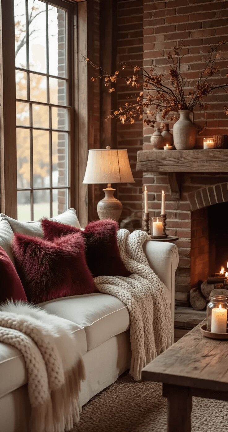 Intimate evening scene with cozy lighting from vintage lamps and scented candles, featuring a cream linen sofa adorned with faux fur pillows in warm burgundy and rust tones, and chunky knit throws. An exposed brick fireplace with a reclaimed wood mantel displays dried autumn branches, creating a warm, inviting atmosphere with rich textures.