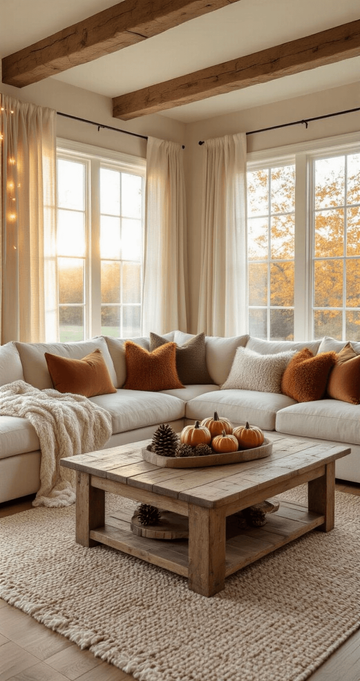 Spacious living area bathed in golden hour light, featuring a warm cream sectional with chunky knit throws and faux fur accents, a reclaimed wood coffee table styled with mini pumpkins and vintage brass candles, and string lights illuminating exposed beams.