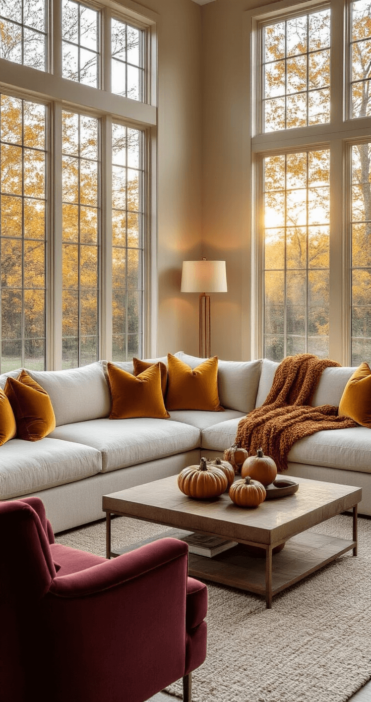Cozy Autumn Living Room Decor: Transform Your Space with Warmth and Style Spacious open-plan living room bathed in golden hour light, featuring a cream sectional sofa with burnt orange and mustard yellow accents, a rich burgundy accent chair, textured knit blankets, a honey oak coffee table adorned with ceramic pumpkins and dried hydrangeas, and warm copper-toned accents, all illuminated by soft amber lamps.