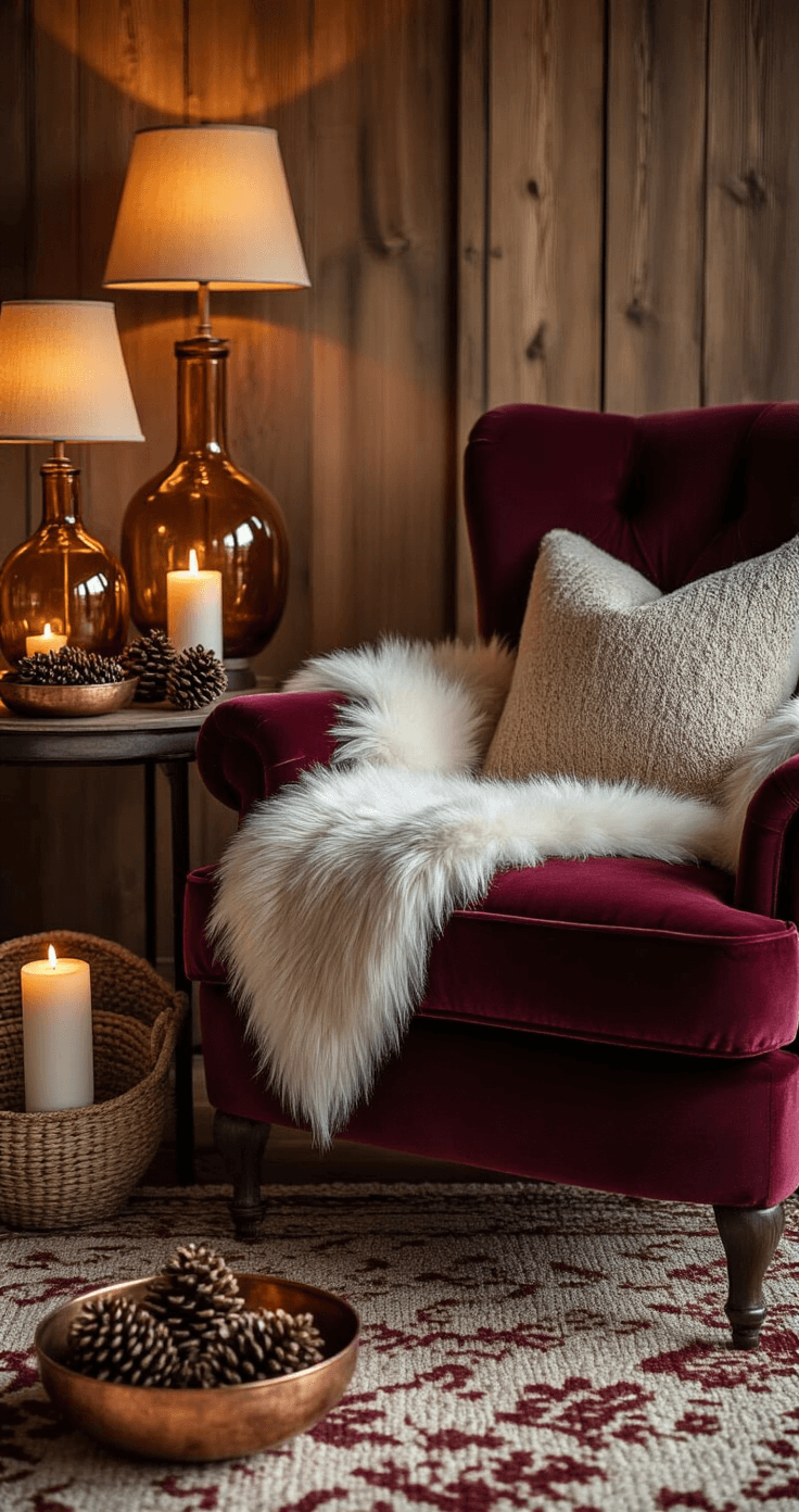 Cozy Autumn Living Room Decor: Transform Your Space with Warmth and Style Intimate living room corner with a burgundy velvet armchair draped in a faux fur throw, a woven wool rug in rust and cream beneath, and a side table featuring amber glass lamps and pinecone arrangements in copper bowls, all illuminated by flickering candlelight against warm wood paneling.