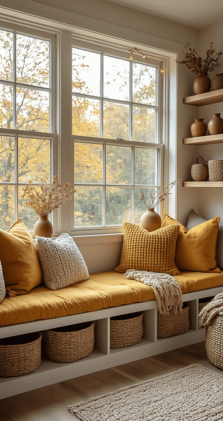 Cozy Autumn Living Room Decor: Transform Your Space with Warmth and Style Cozy reading nook by a large picture window, featuring a built-in window seat with mustard yellow cushions and chunky knit pillows, surrounded by floating shelves with autumn decor, natural wood tones, copper accents, string lights, and dried botanicals, all bathed in soft morning light.