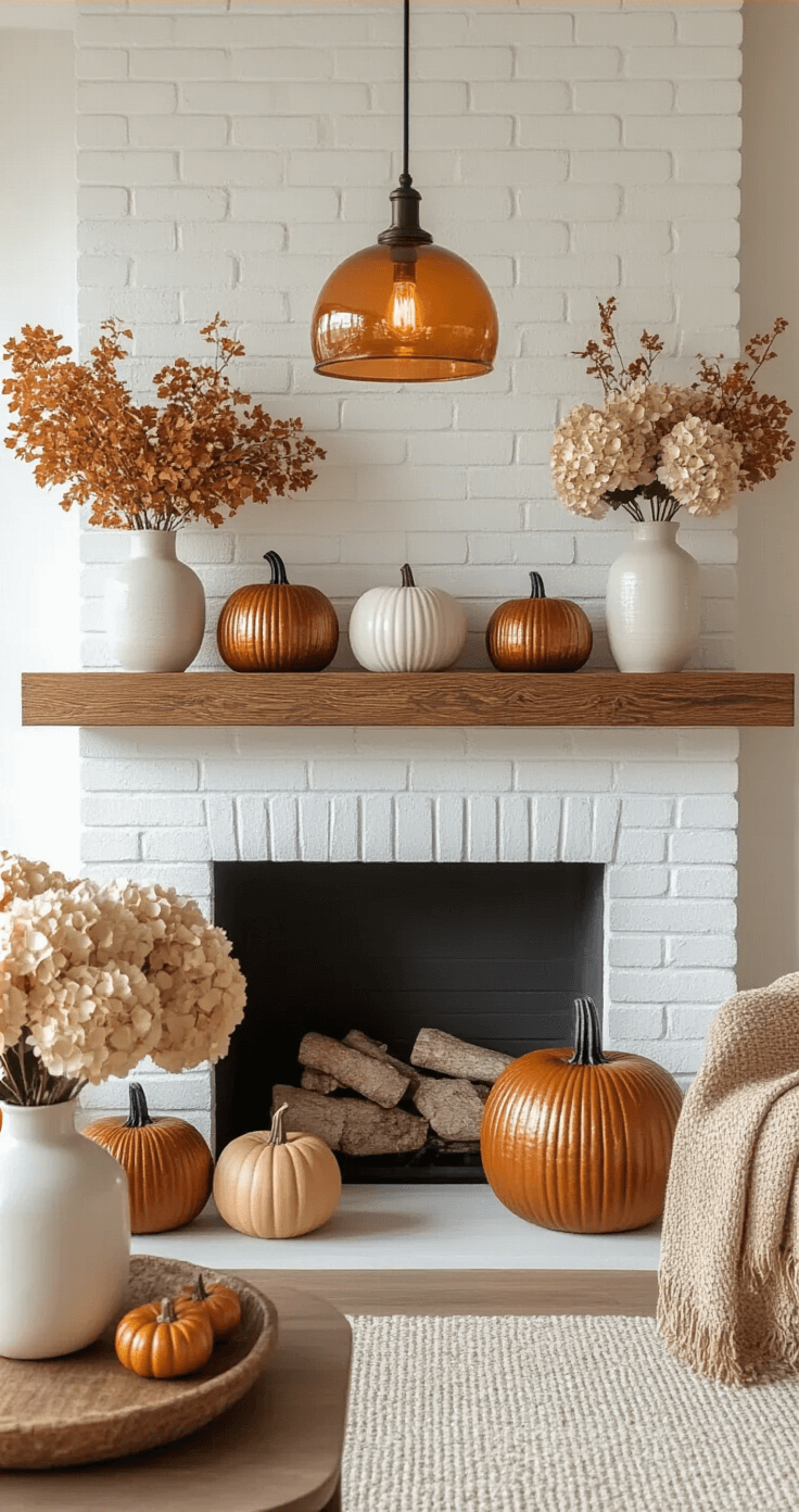 Cozy Autumn Living Room Decor: Transform Your Space with Warmth and Style Modern living room mantelpiece featuring a white brick fireplace with a wooden mantel, adorned with layered ceramic pumpkins in copper tones and dried hydrangea branches in tall vases, illuminated by warm afternoon light and amber pendant lights, all in a burnt orange and cream color palette.