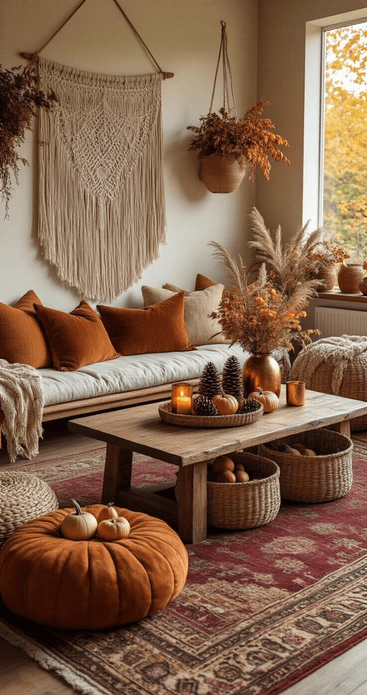 Cozy Autumn Living Room Decor: Transform Your Space with Warmth and Style A cozy bohemian living space illuminated by golden hour light, featuring low-profile furniture, rich autumn-colored floor cushions, macrame wall hangings, dried botanicals, woven baskets with pinecones and gourds, a warm wood coffee table with copper candle holders, and layered vintage rugs in burgundy and mustard tones.
