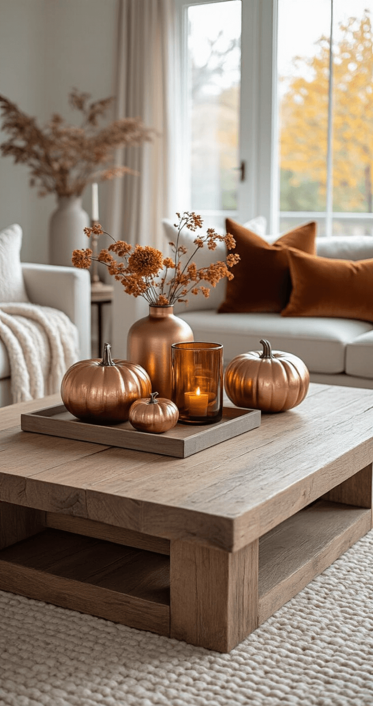 Cozy Autumn Living Room Decor: Transform Your Space with Warmth and Style Aerial view of a contemporary living room coffee table styled with a large reclaimed wood table, featuring an autumn vignette with ceramic pumpkins and amber glass vessels on copper stands and wooden risers, set on a chunky knit runner, with plush velvet seating in the background under soft evening light.