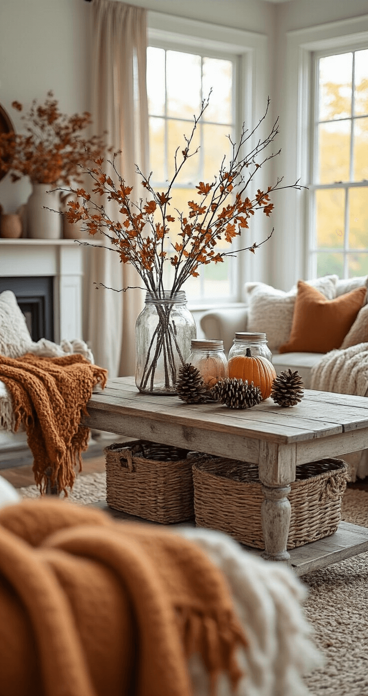 Cozy Autumn Living Room Decor: Transform Your Space with Warmth and Style A cozy farmhouse living room decorated for autumn, featuring vintage thrifted furniture, mason jars with dried branches and pinecones, hand-knitted throws in warm colors, and repurposed baskets. The space is bathed in natural light, showcasing warm brass and copper decor accents in a comfortable, lived-in arrangement.