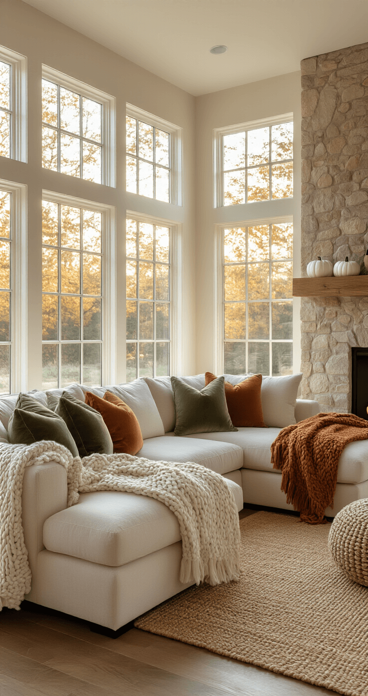 Cozy living room with cream sectional sofa layered with chunky knit throws, velvet pillows, and a stone fireplace, all illuminated by golden afternoon light streaming through large windows.