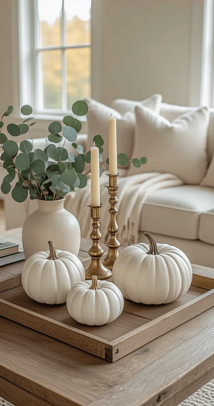 Elegant living room coffee table styled with white ceramic pumpkins, brass candlesticks, and eucalyptus branches in soft morning light, featuring a cream linen sofa and muted color palette.