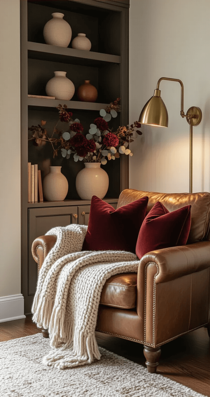 Cozy living room corner with leather reading chair, chunky knit throw, textured pillows, built-in bookshelf with ceramic vases of faux florals and dried eucalyptus, and warm evening light from a brass floor lamp. Rich autumn textures and muted colors create an intimate atmosphere.
