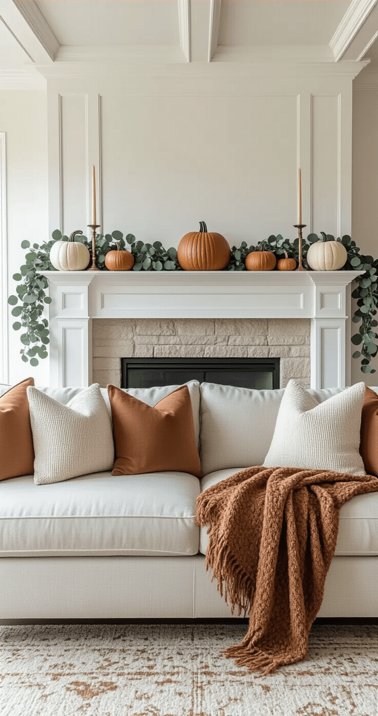 Sophisticated living room mantel styled with heirloom pumpkins, brass candle holders, and eucalyptus garland, complemented by a sectional sofa with auburn and cream throws and textured pillows, all illuminated by soft afternoon light.