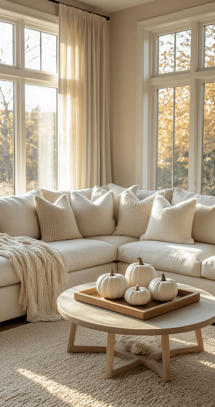 Inviting living room with cream L-shaped sectional adorned with knit throws and oversized pillows, round coffee table featuring white ceramic pumpkins, large windows with sheer curtains letting in warm golden hour light, all in a neutral color palette with soft gold and sage accents.