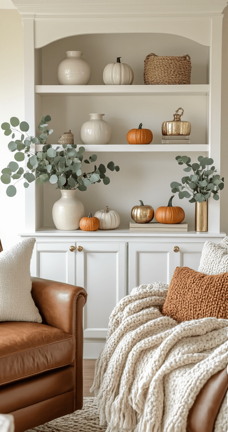 Autumn-themed living room bookshelf with white shelving, decorated with ceramic vases, mini pumpkins, and eucalyptus, featuring a warm leather chair and textured throws in fall colors, all bathed in soft morning light.
