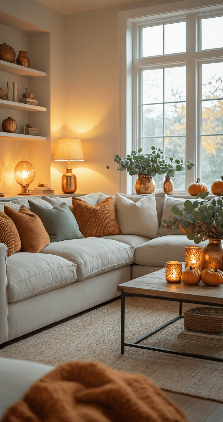 Cozy evening living room featuring a sectional sofa with autumn textiles, golden ambient lighting, a pumpkin arrangement on a coffee table, and eucalyptus in ceramic vases, all set against a warm color palette and hardwood floors.
