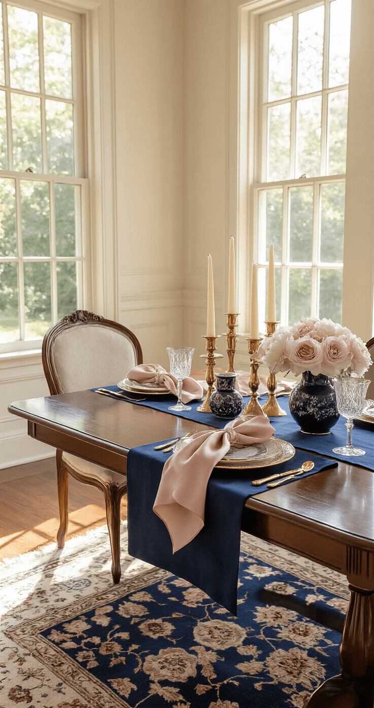 Elegant dining room featuring a navy blue table runner on a mahogany table, adorned with dusty rose silk napkins, gold-rimmed china, crystal glasses, and fresh peonies in navy vases, illuminated by warm afternoon light through tall windows, with cream walls, wainscoting, and a Persian rug, evoking a romantic and intimate atmosphere.