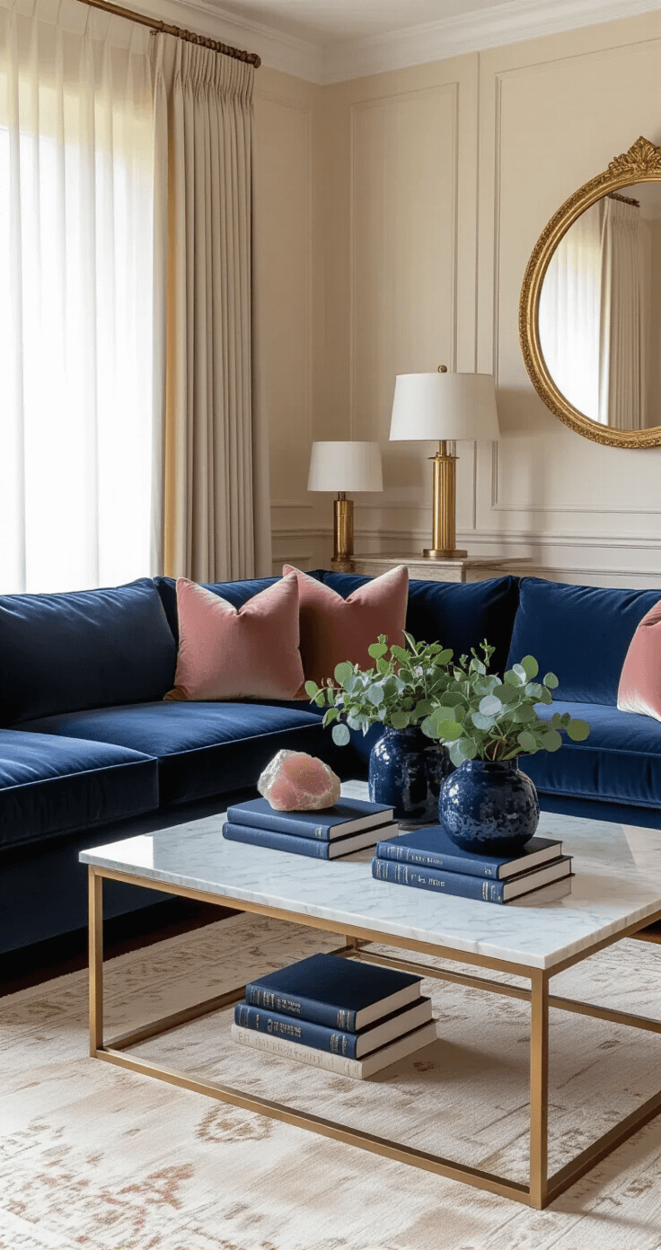 Sophisticated living room with a navy velvet sectional sofa adorned with dusty rose throw pillows, cream walls and gold accent mirrors, marble coffee table with navy leather-bound books and rose quartz decor, illuminated by warm afternoon light through sheer curtains, rich hardwood floors, cream area rug, brass table lamps, and fresh eucalyptus in navy ceramic planters, shot from a corner angle.