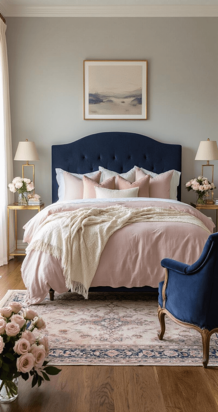 A serene romantic bedroom featuring a navy upholstered headboard, soft gray walls, and dusty rose bedding with cream throws. Gold bedside tables with matching lamps are illuminated by morning light streaming through gauze curtains. The polished hardwood floors are adorned with a vintage Persian runner, and fresh roses in crystal vases add a touch of elegance. A navy velvet accent chair with a rose cushion complements the decor, alongside abstract art in a matching palette, creating an intimate and relaxing atmosphere.