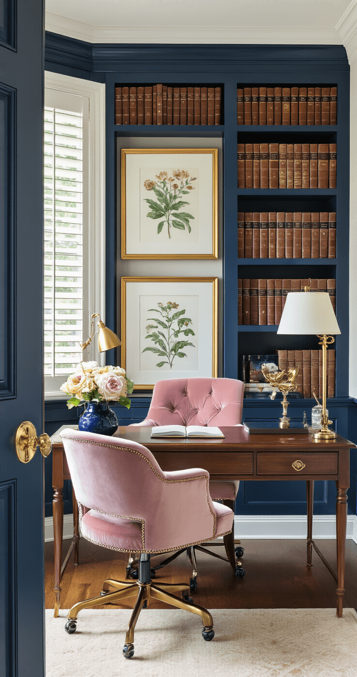 A stylish home office featuring navy built-in bookshelves filled with leather-bound books, a dusty rose velvet desk chair, brass desk accessories, cream walls adorned with gold-framed botanical prints, and abundant natural light streaming through plantation shutters, complemented by a rich walnut desk, fresh flowers in a navy ceramic vase, and a gold desk lamp, all creating a sophisticated and inspiring workspace.