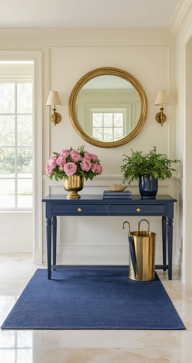 Elegant entryway with a navy console table against cream wainscoted walls, adorned with dusty rose flowers in a gold vase, a circular brass mirror, polished marble floors, a navy runner rug, a gold umbrella stand, and vintage brass sconces, all illuminated by warm morning light.