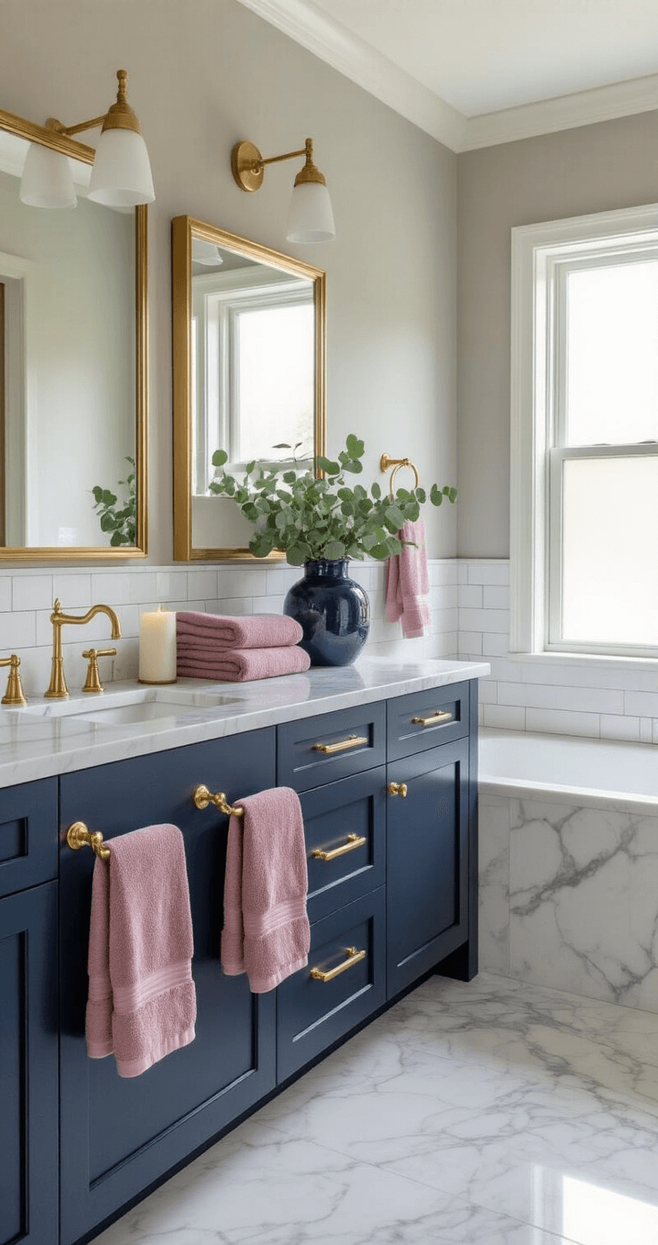 A luxurious bathroom featuring navy vanity cabinets with white marble countertops, dusty rose towels on gold hooks, brass fixtures, soft gray walls with subway tile backsplash, and polished marble floors, illuminated by natural light from a frosted window, accented with fresh eucalyptus in navy vessels and a gold-framed mirror, creating a serene, spa-like atmosphere.