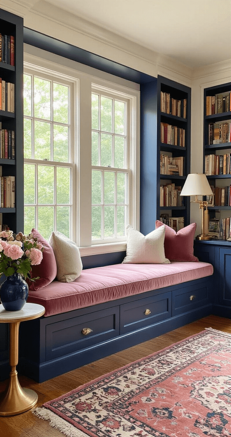 Cozy reading nook featuring a navy built-in window seat with dusty rose velvet cushions, cream walls lined with floor-to-ceiling bookshelves, afternoon sunlight streaming through large windows, hardwood floors with a vintage Persian rug, a gold floor lamp, fresh flowers in a navy vase on a side table, and throw pillows in complementary tones, creating a warm and peaceful atmosphere perfect for relaxation.