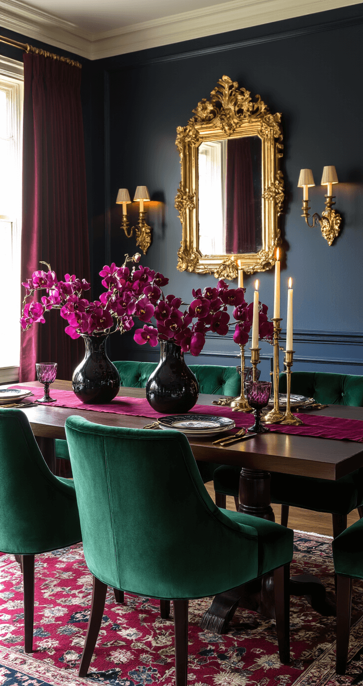 Moody Fall Wedding: A Romantic and Dramatic Autumn Celebration Luxurious dining room during golden hour with emerald velvet chairs, dark walnut table, burgundy runner, plum orchids in black vases, and flickering brass candlesticks. Deep navy wall, gold leaf mirror, and rich textures from silk curtains and a jewel-toned Persian rug. Moody romantic atmosphere with dramatic side lighting.